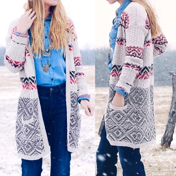 MAURICES Cream Beige Brown Pink Geometric Fair Isle Duster Long Cardigan Sweater - Picture 3 of 15